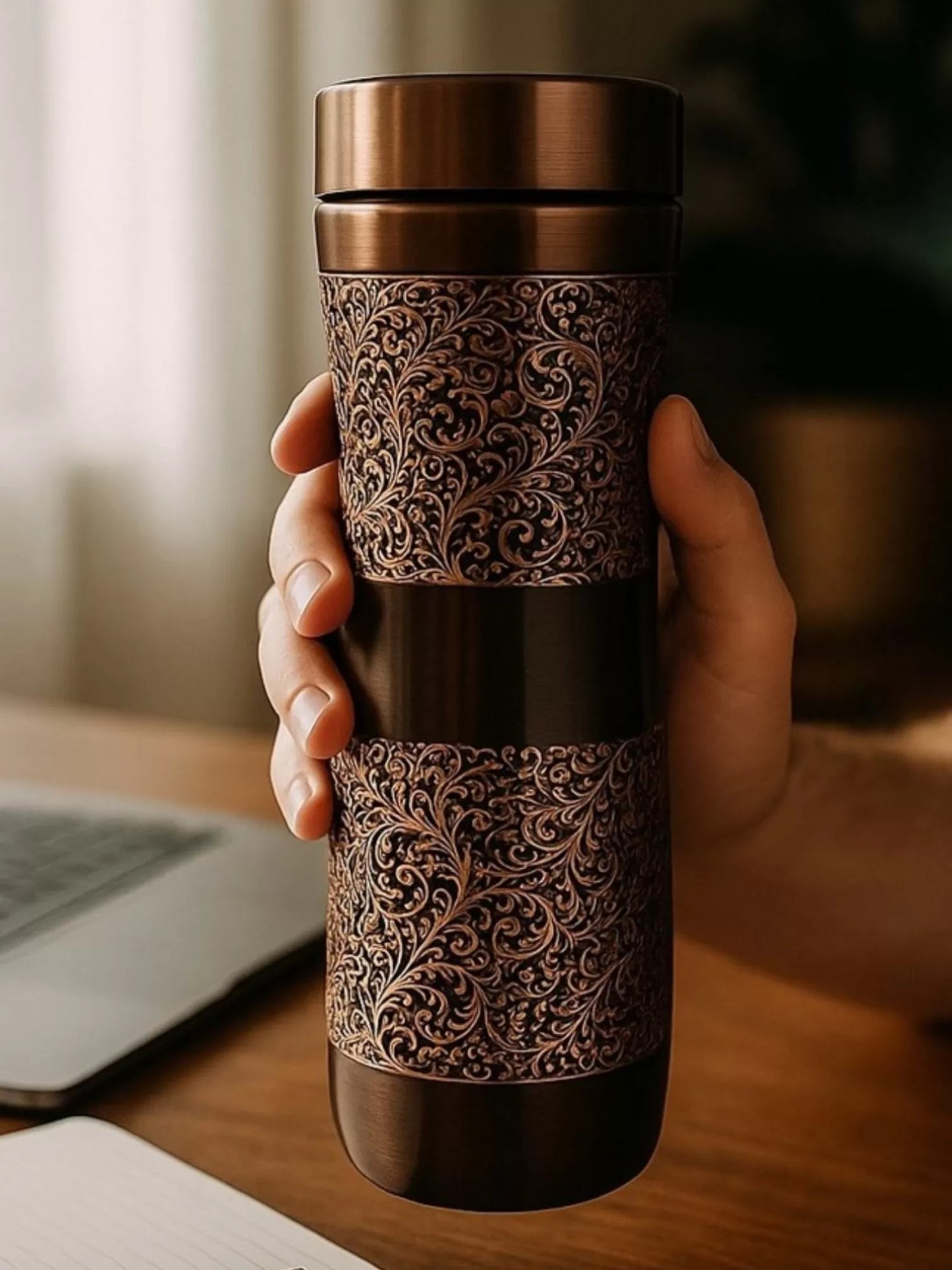 100% Copper Water Bottle - Black with Copper Etching