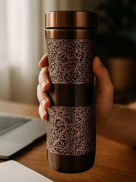 100% Copper Water Bottle - Black with Copper Etching